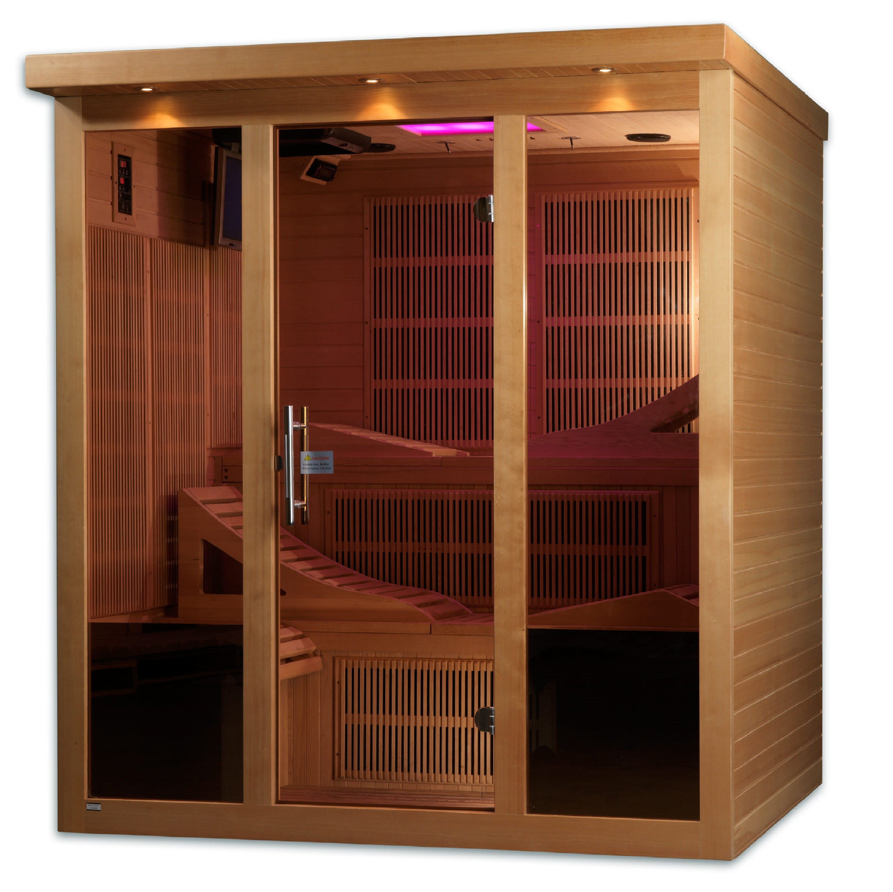 Wooden infrared sauna with benches on a white background