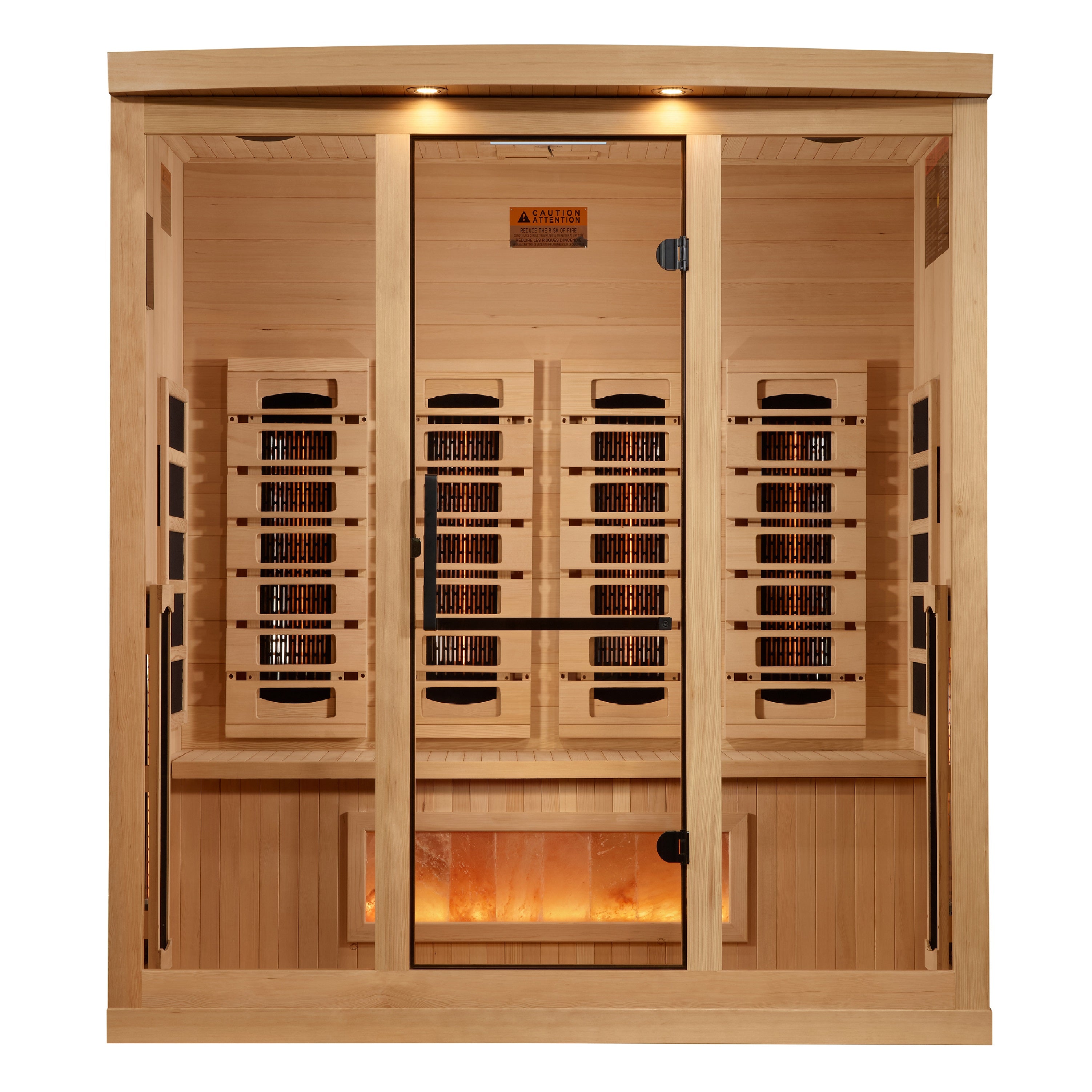 Wooden sauna with glass door on a white background