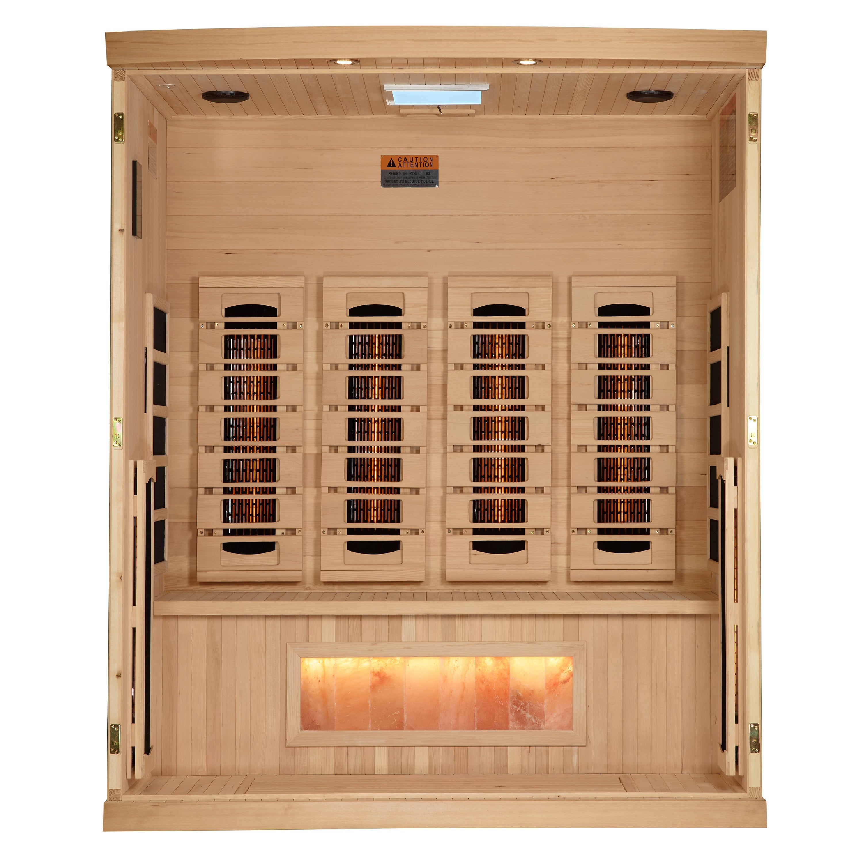 Wooden sauna with interior lights on a white background
