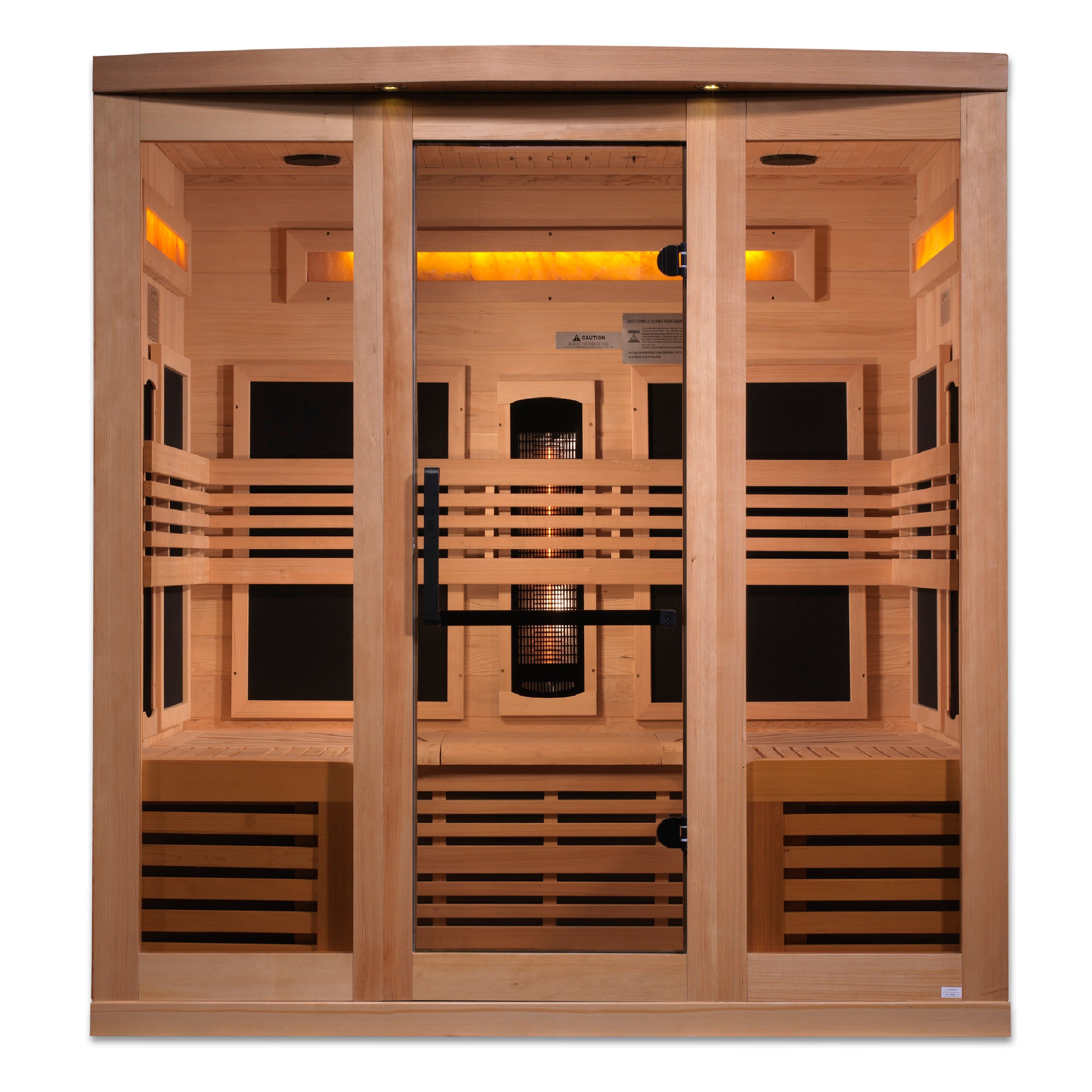 Wooden sauna with benches and lights on a white background