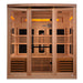Wooden sauna with benches and lights on a white background