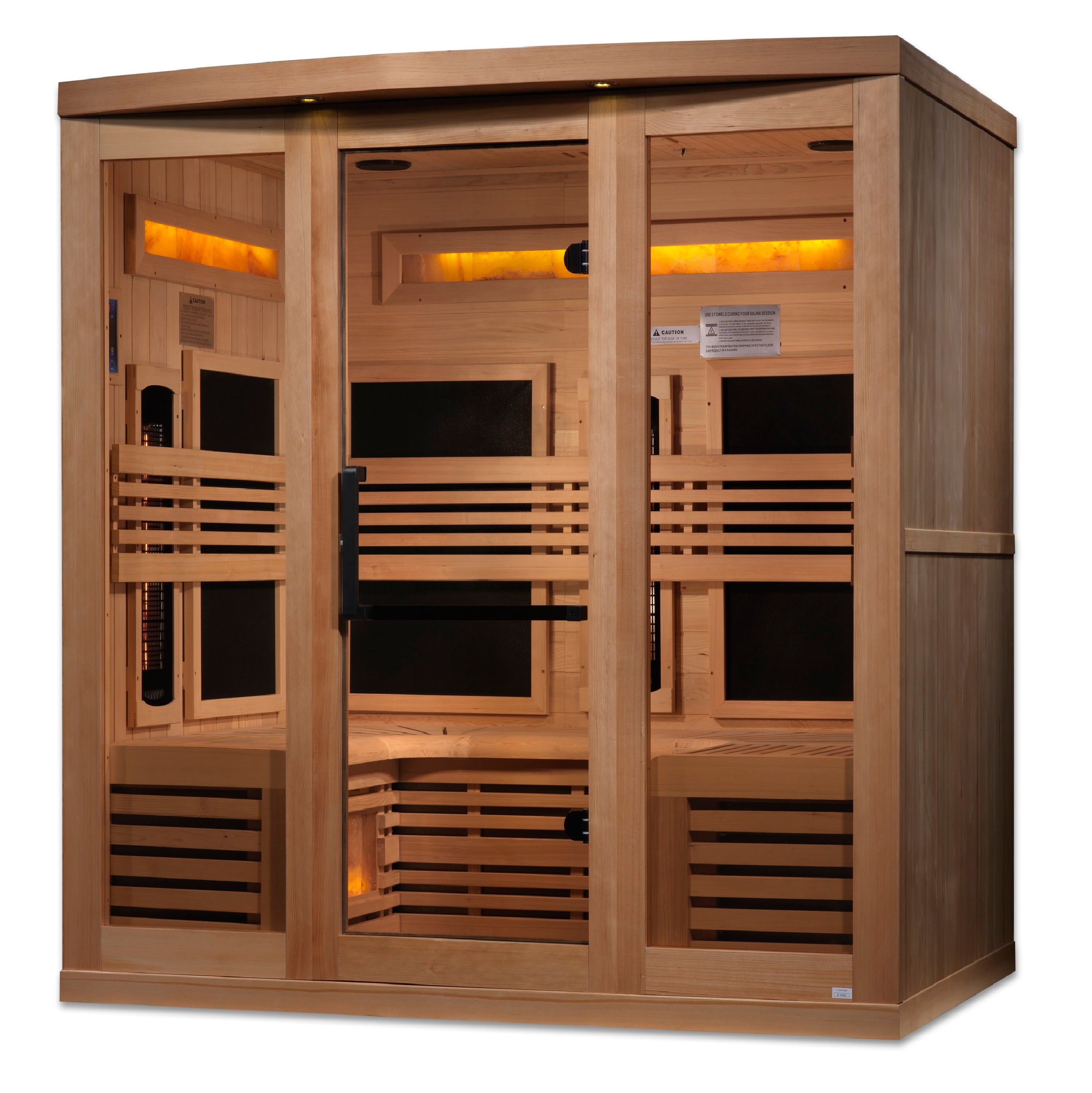 Wooden sauna with interior lights on a white background