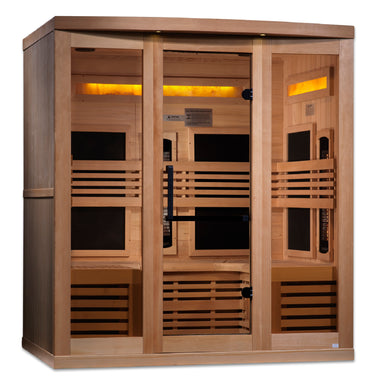 Wooden sauna with glass doors on a white background