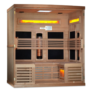 Wooden infrared sauna with interior lights on a white background