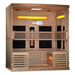 Wooden infrared sauna with interior lights on a white background