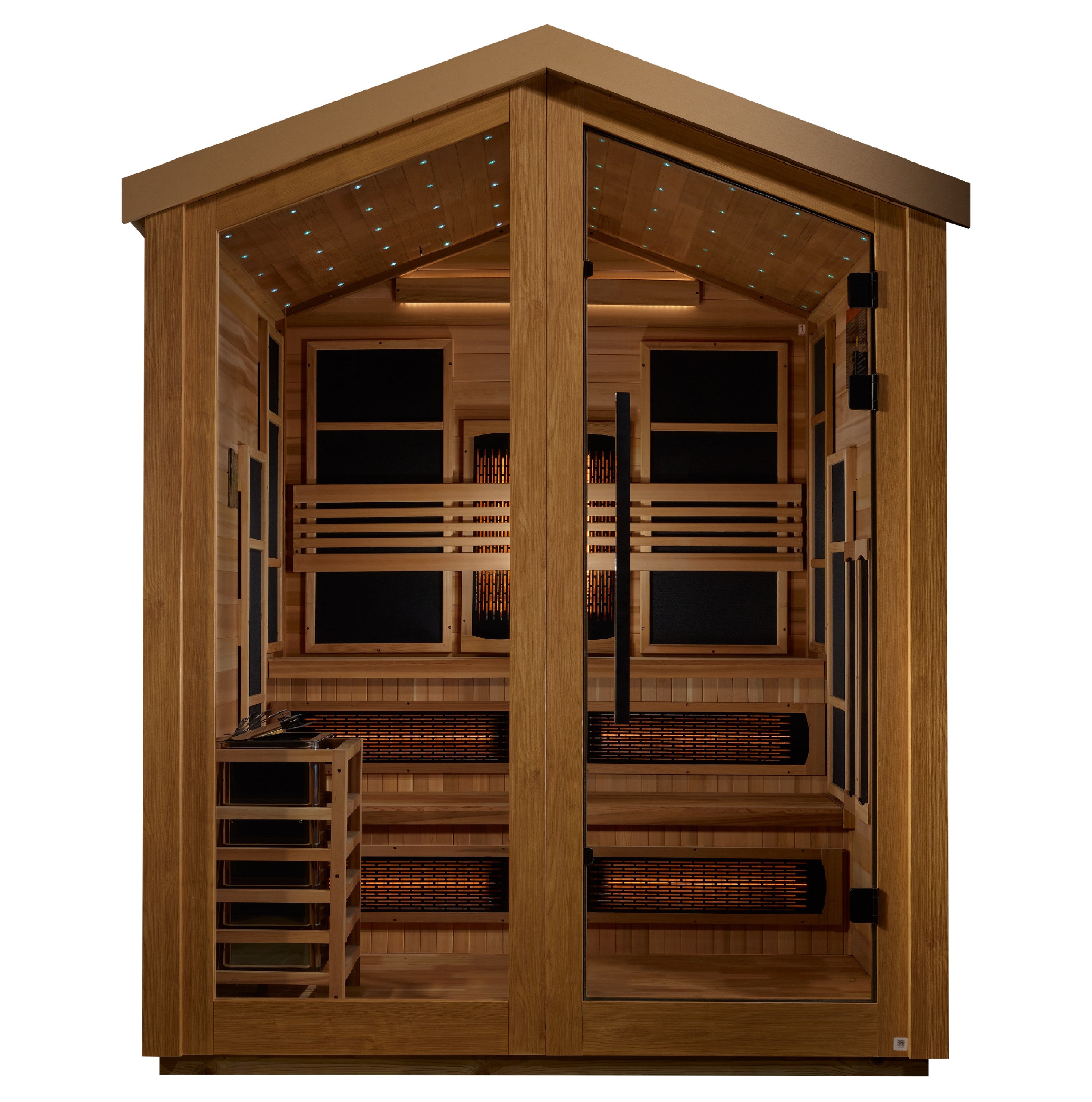 Wooden sauna with interior lights on a white background