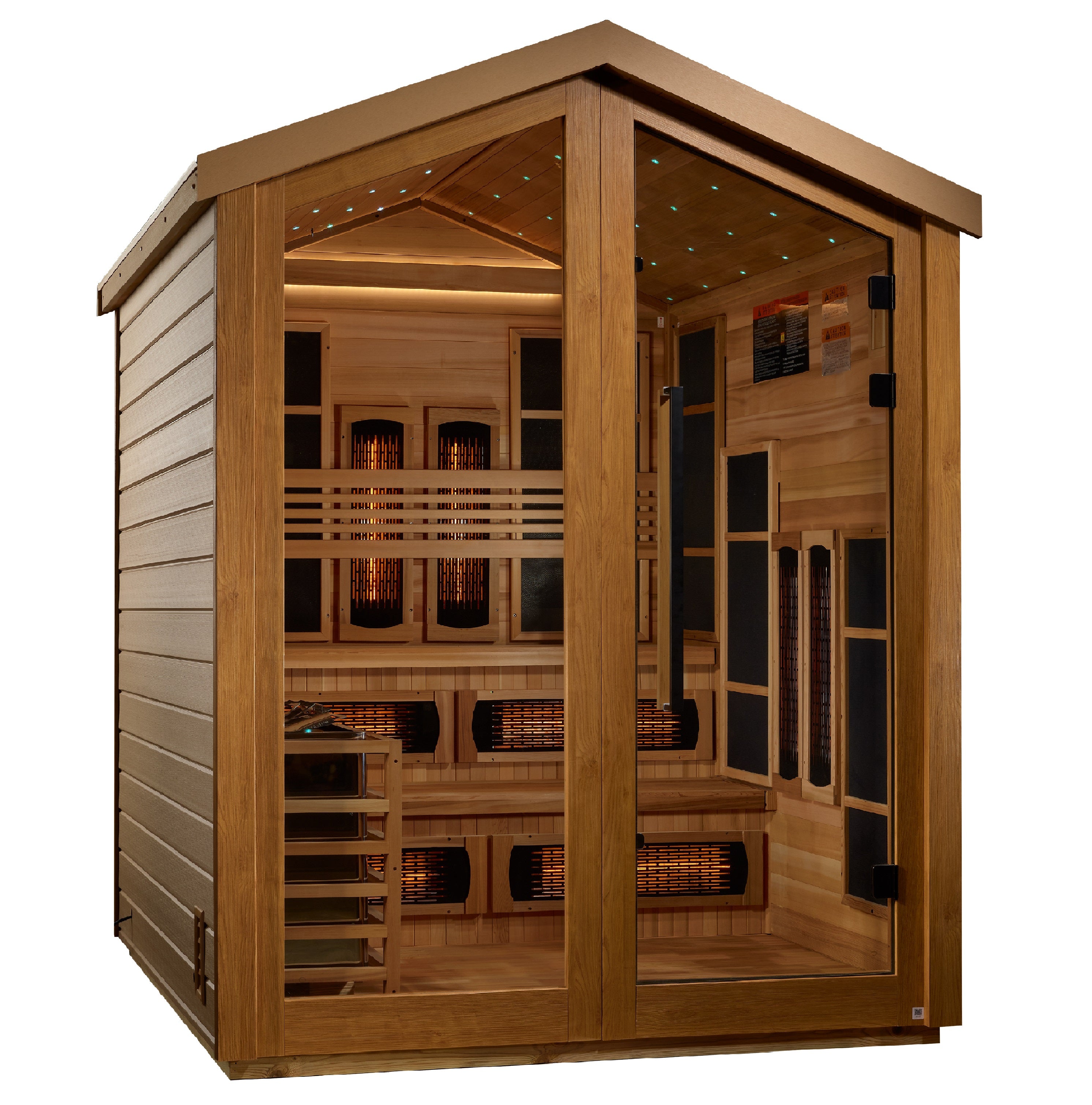 Wooden sauna with interior lights on a white background