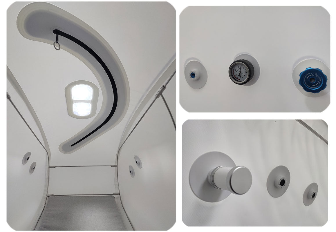 Inside components of Oxyrevo hyperbaric chamber on a white background