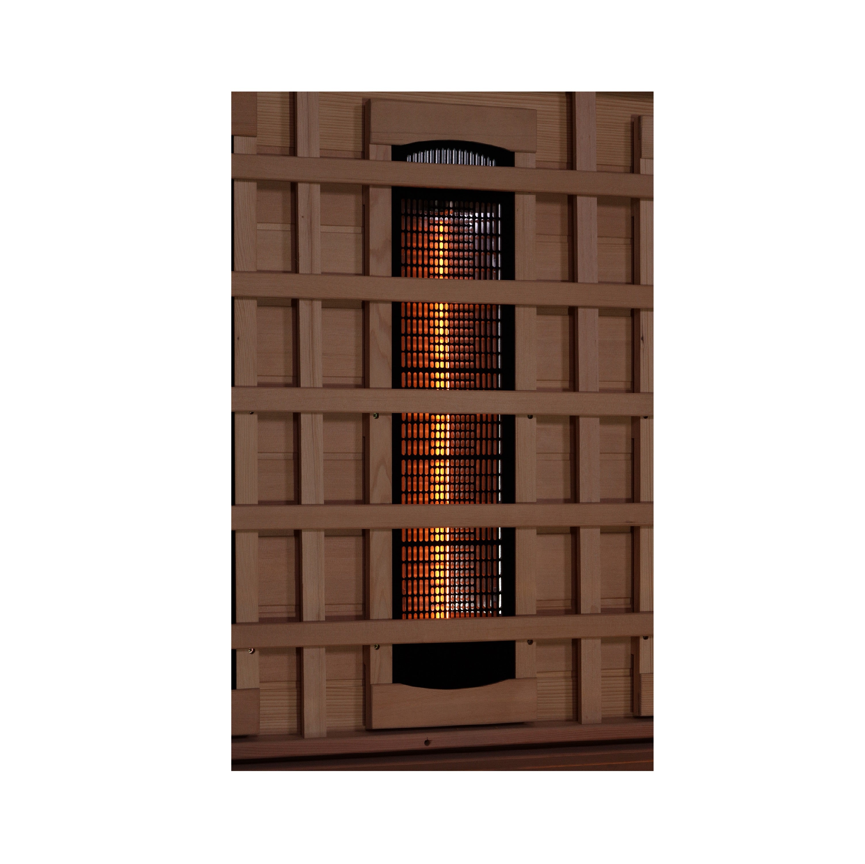 Wooden sauna heater with glowing interior on a white background