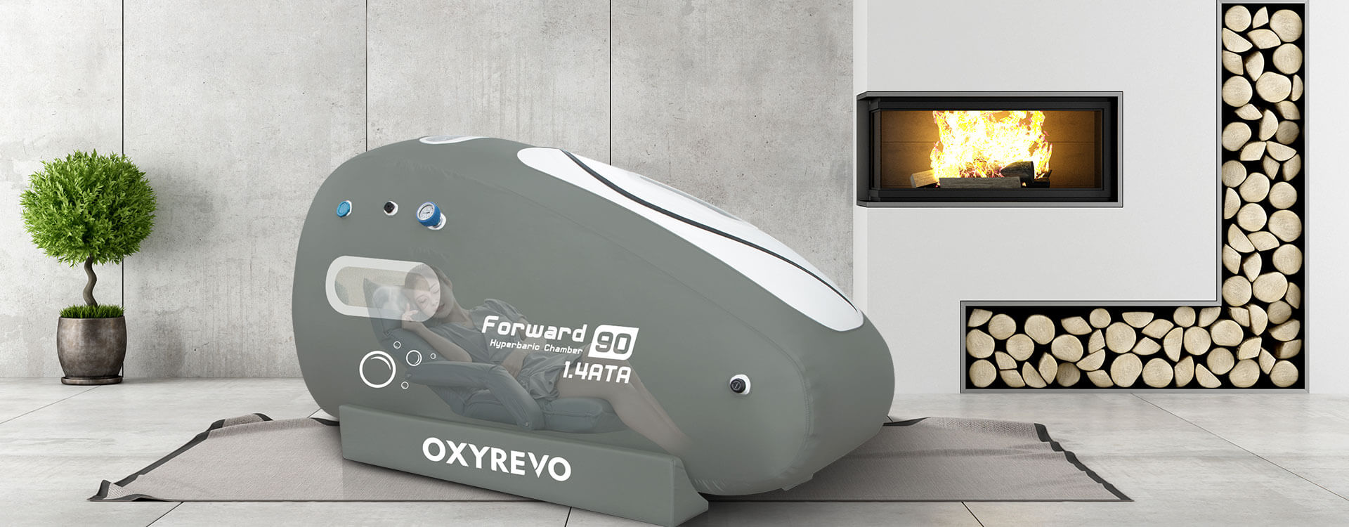 Oxyrevo hyperbaric chamber in a modern living room with a woman asleep inside the chamber