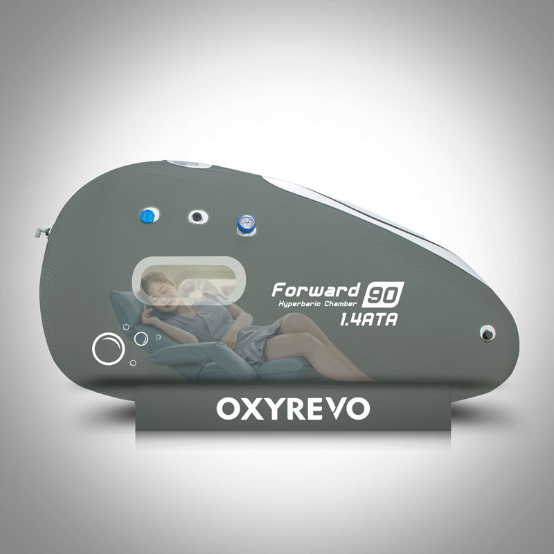 Oxyrevo hyperbaric chamber on a white background with a person sitting inside