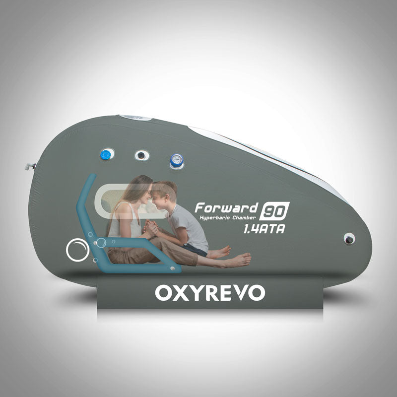 Oxyrevo hyperbaric chamber on a white background with family sitting inside