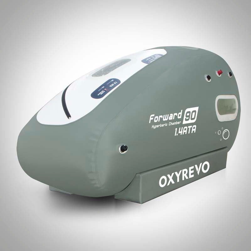 Oxyrevo hyperbaric chamber on a white background