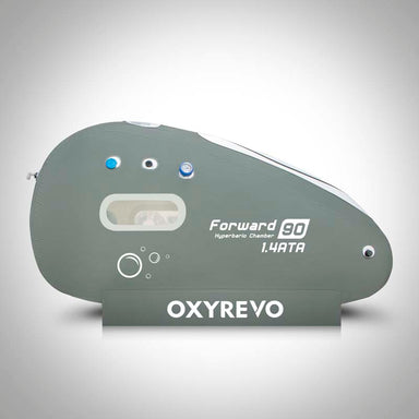 Oxyrevo hyperbaric chamber on a white background