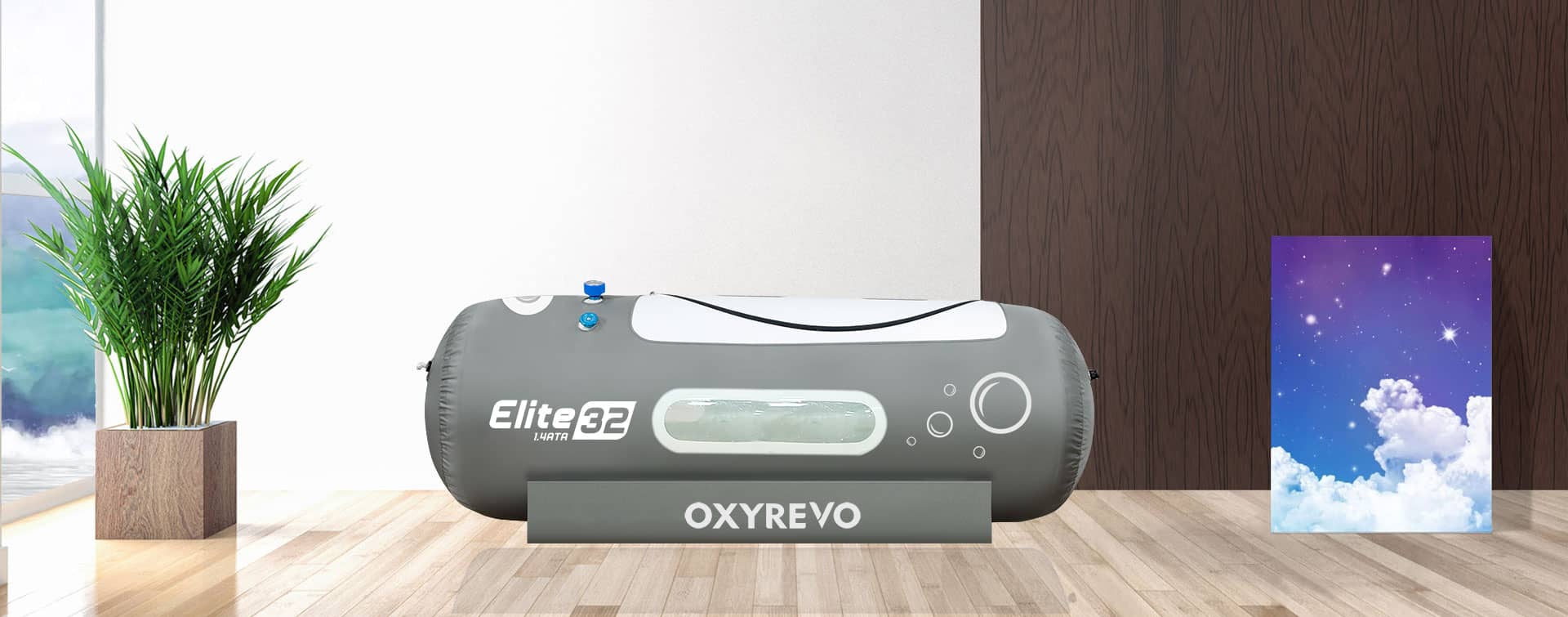 Oxyrevo Hyperbaric chamber in a modern living room with a plant and a painting of the sky