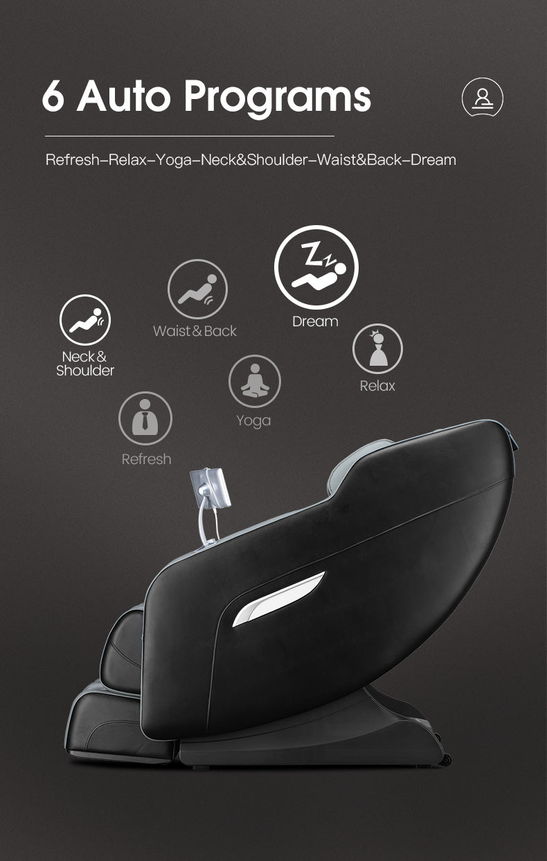 Massage chair with 6 auto programs on a dark background