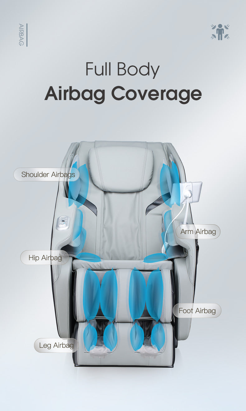 Massage Chair  seat with full body airbag coverage diagram on a gray background