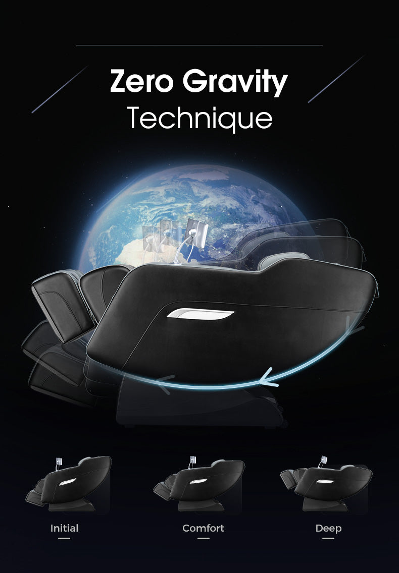 Zero Gravity massage chair with Earth in the background on a dark background