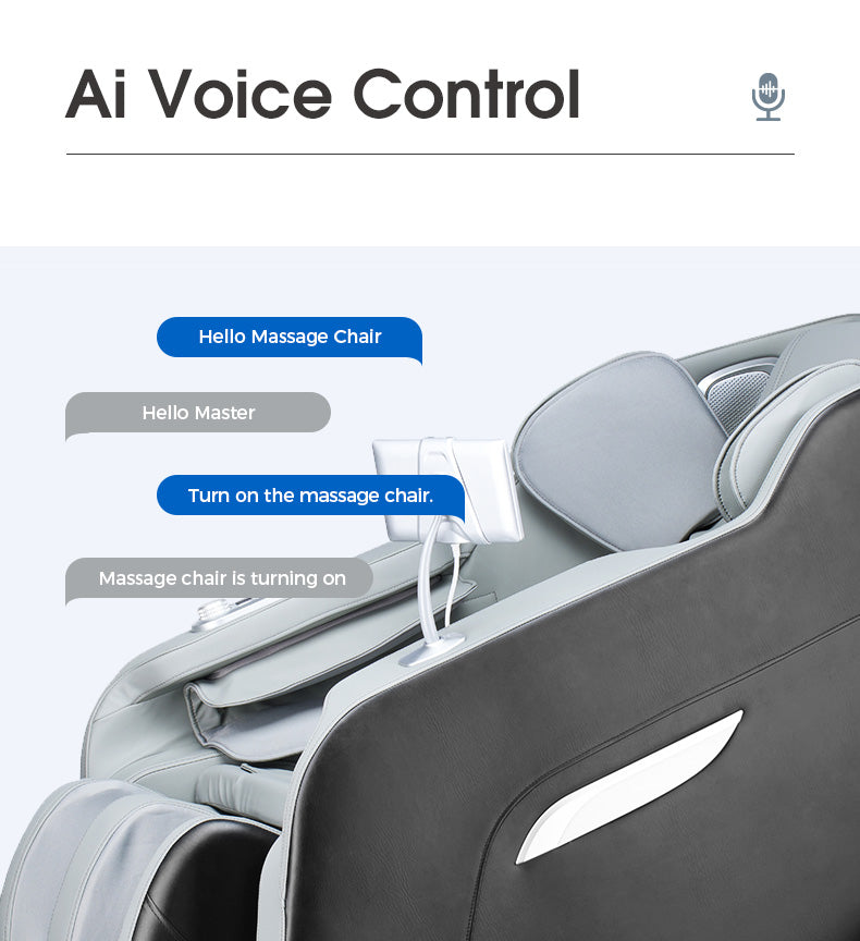 Massage chair with AI voice control interface on a white background