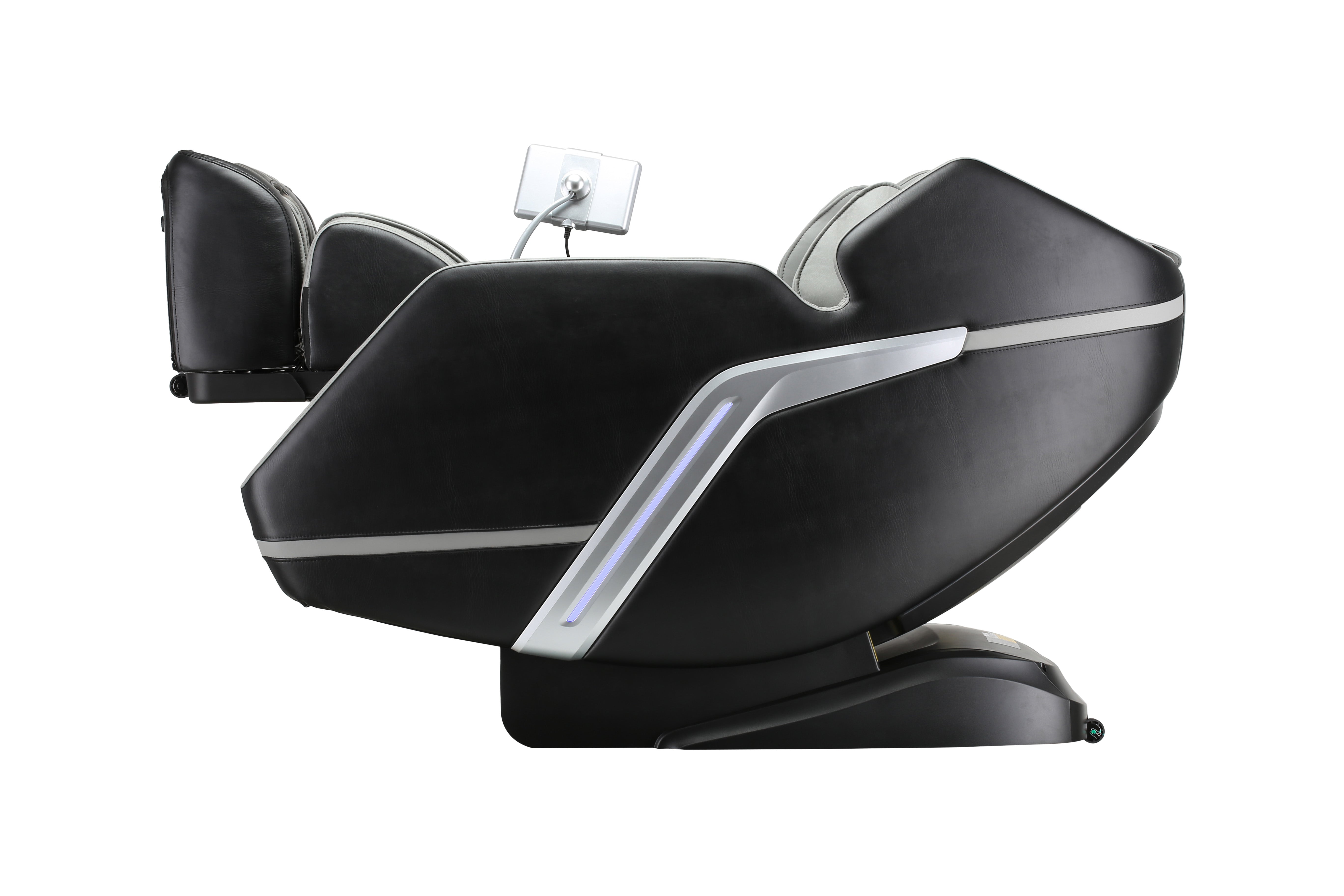 Black massage chair with silver accents on a white background