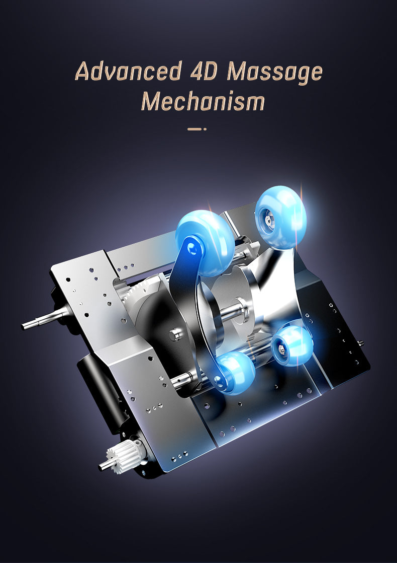 Mechanical device with blue glowing elements labeled 'Advanced 4D Massage Mechanism' on a dark background