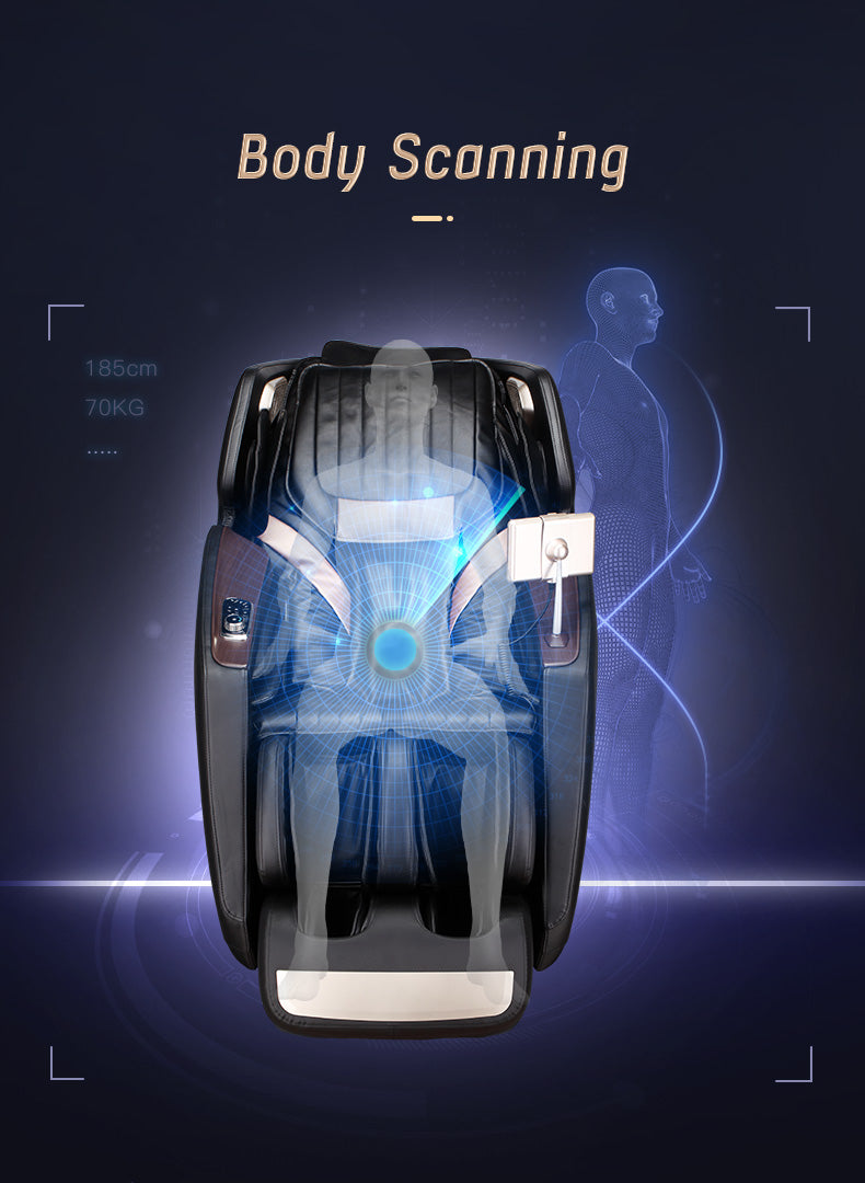 Body scanning device on massage chair with a person inside on a dark background