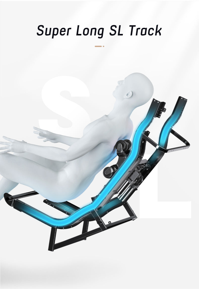 White mannequin on a blue and black massage chair with 'Super Long SL Track' text.