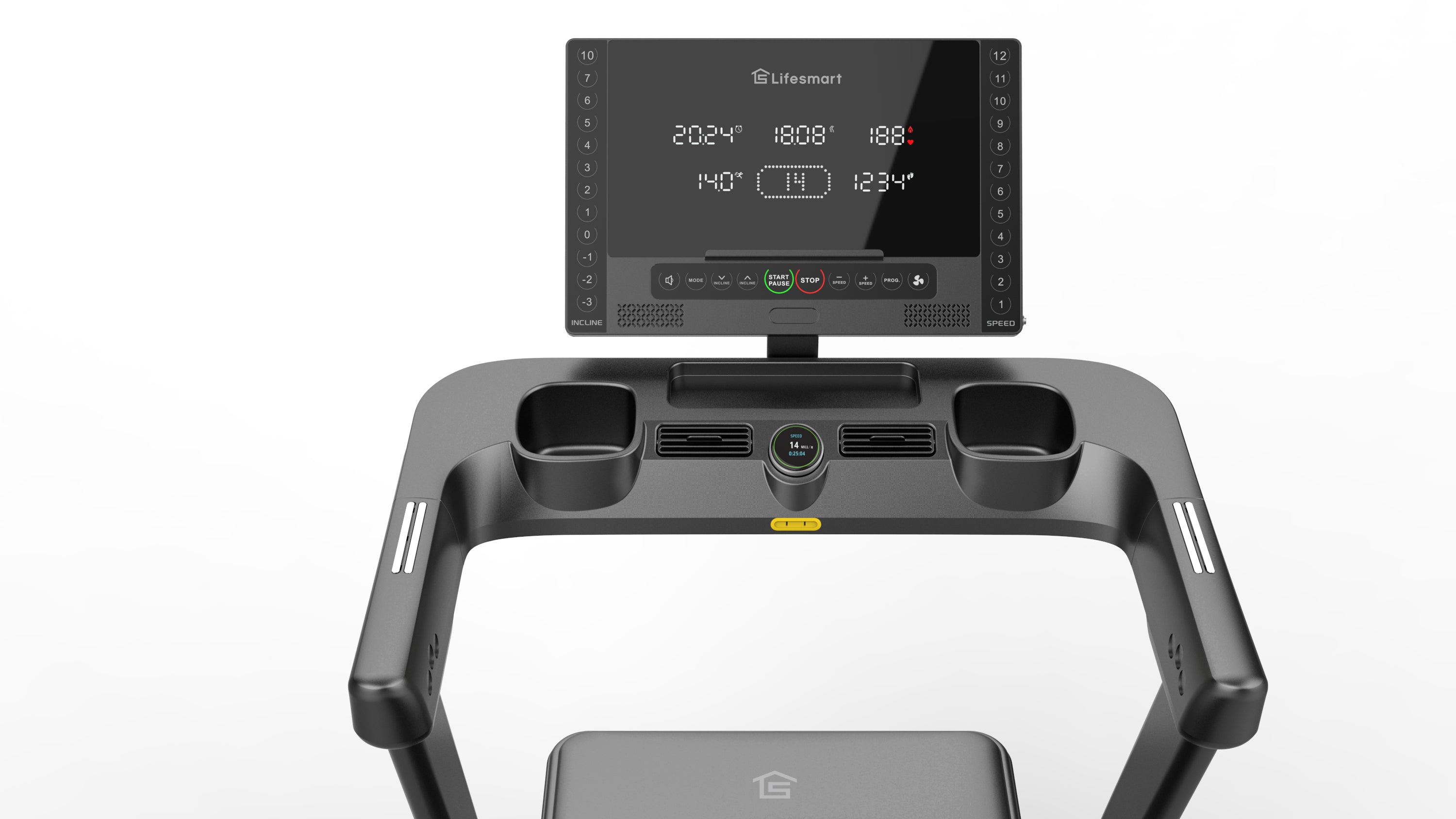 Treadmill with a digital display panel on a white background