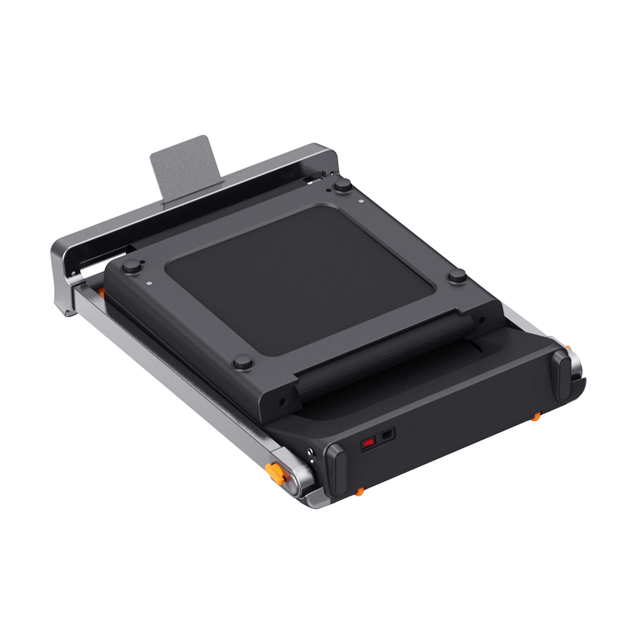 Black and silver folded treadmill on a white background