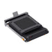 Black and silver folded treadmill on a white background