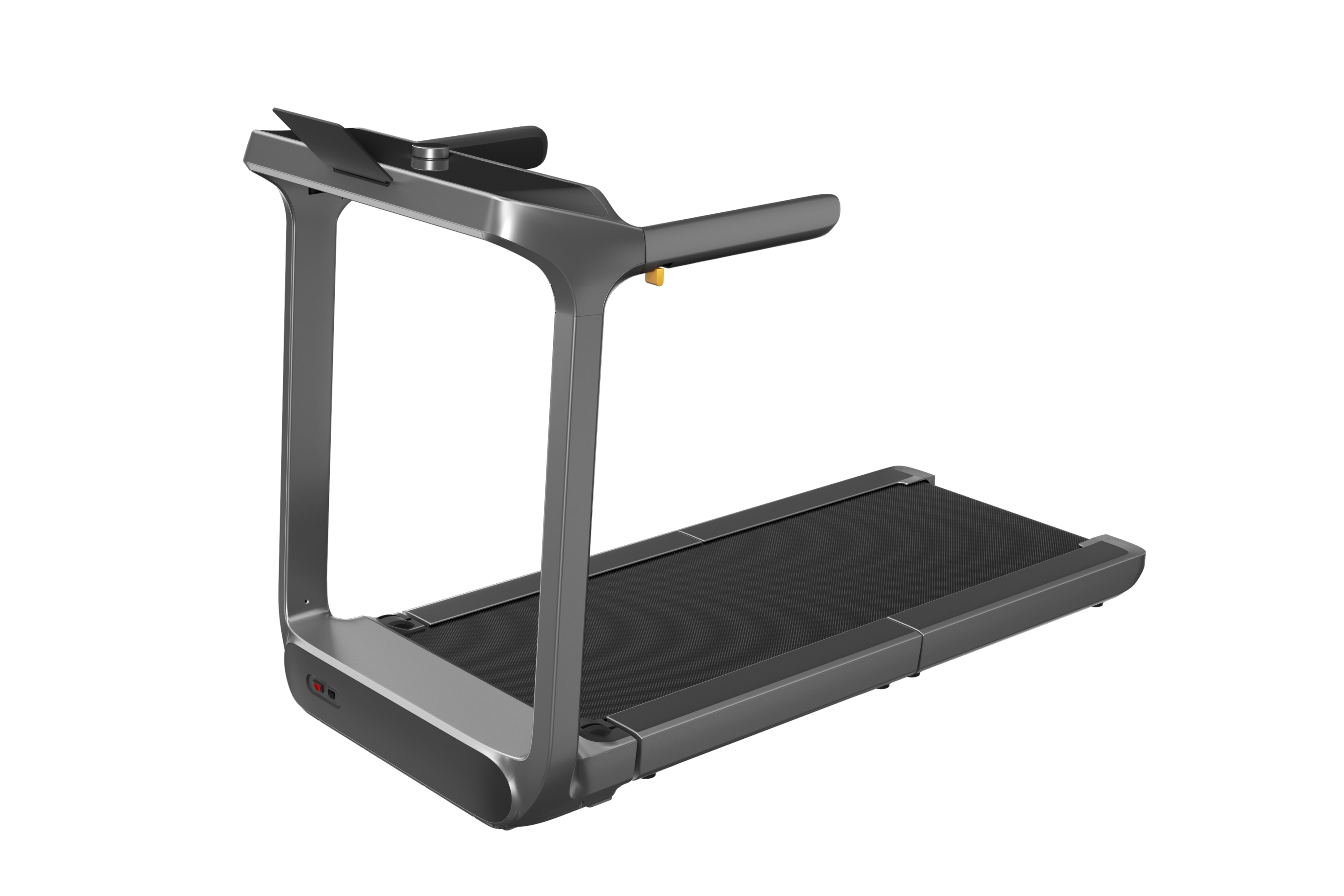 Treadmill with a gray frame and black running belt on a white background