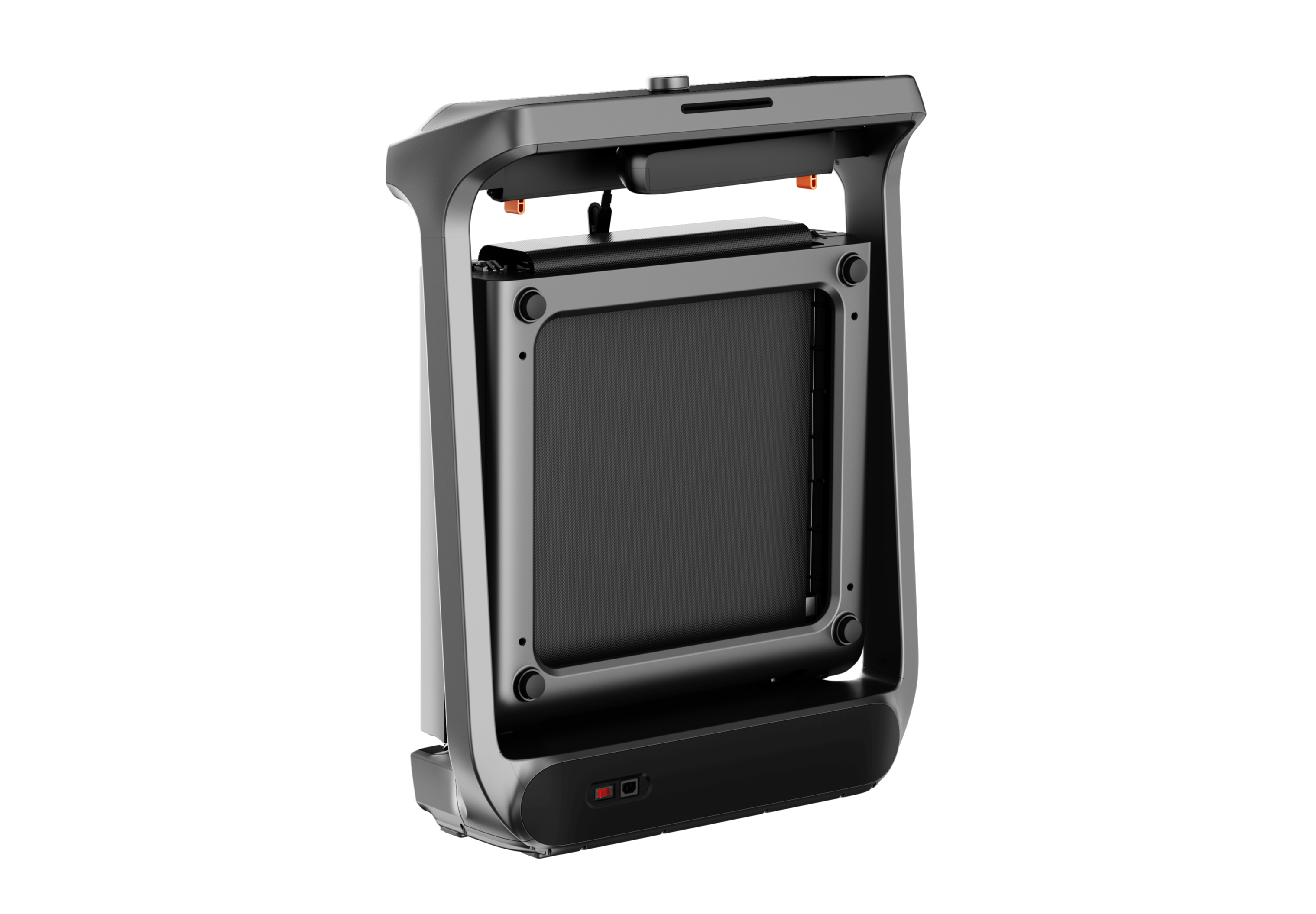 Black treadmill folded with screen on a white background