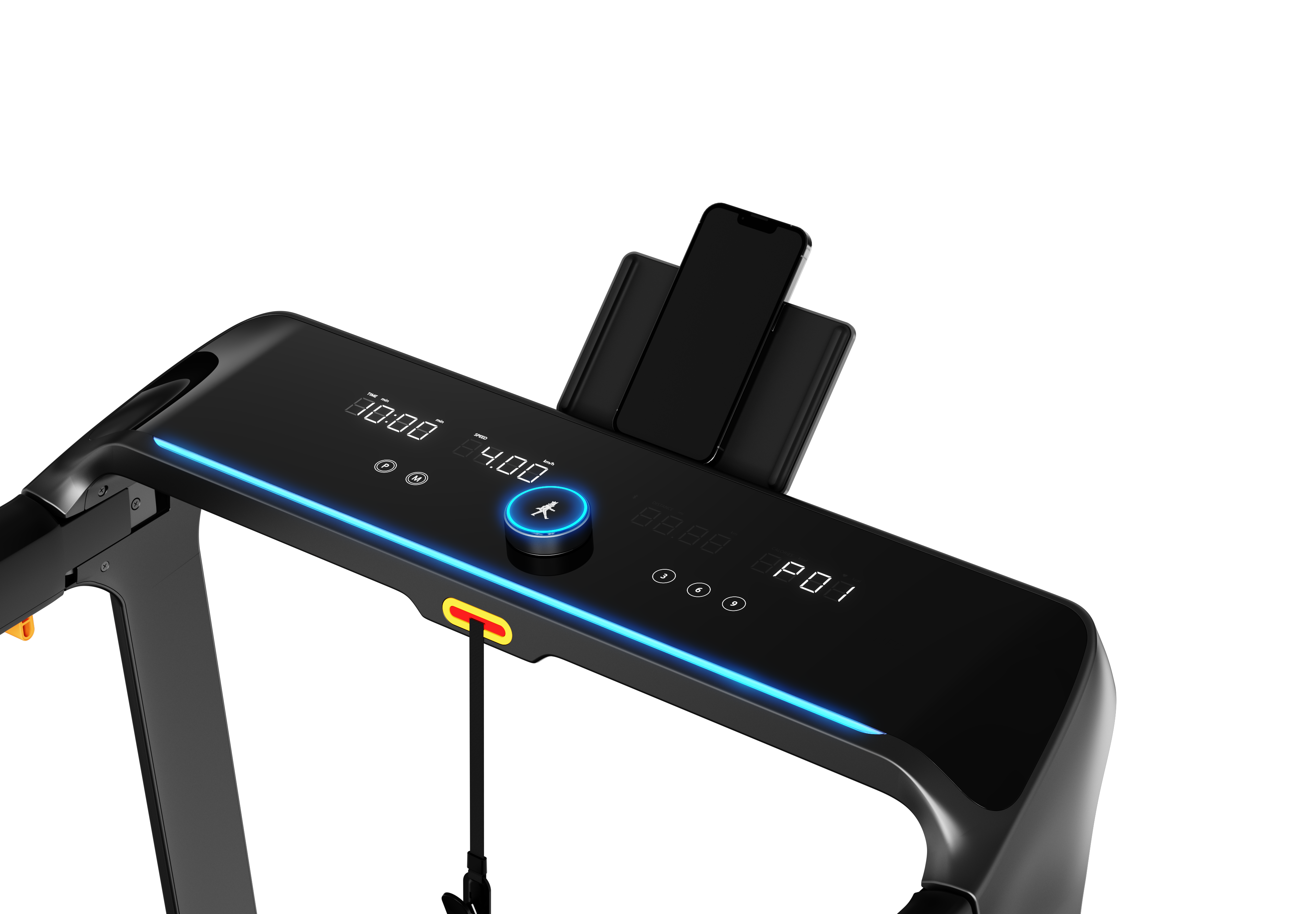 Black treadmill with digital display on a white background