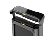 Black electronic treadmill with a hinge mechanism on a white background