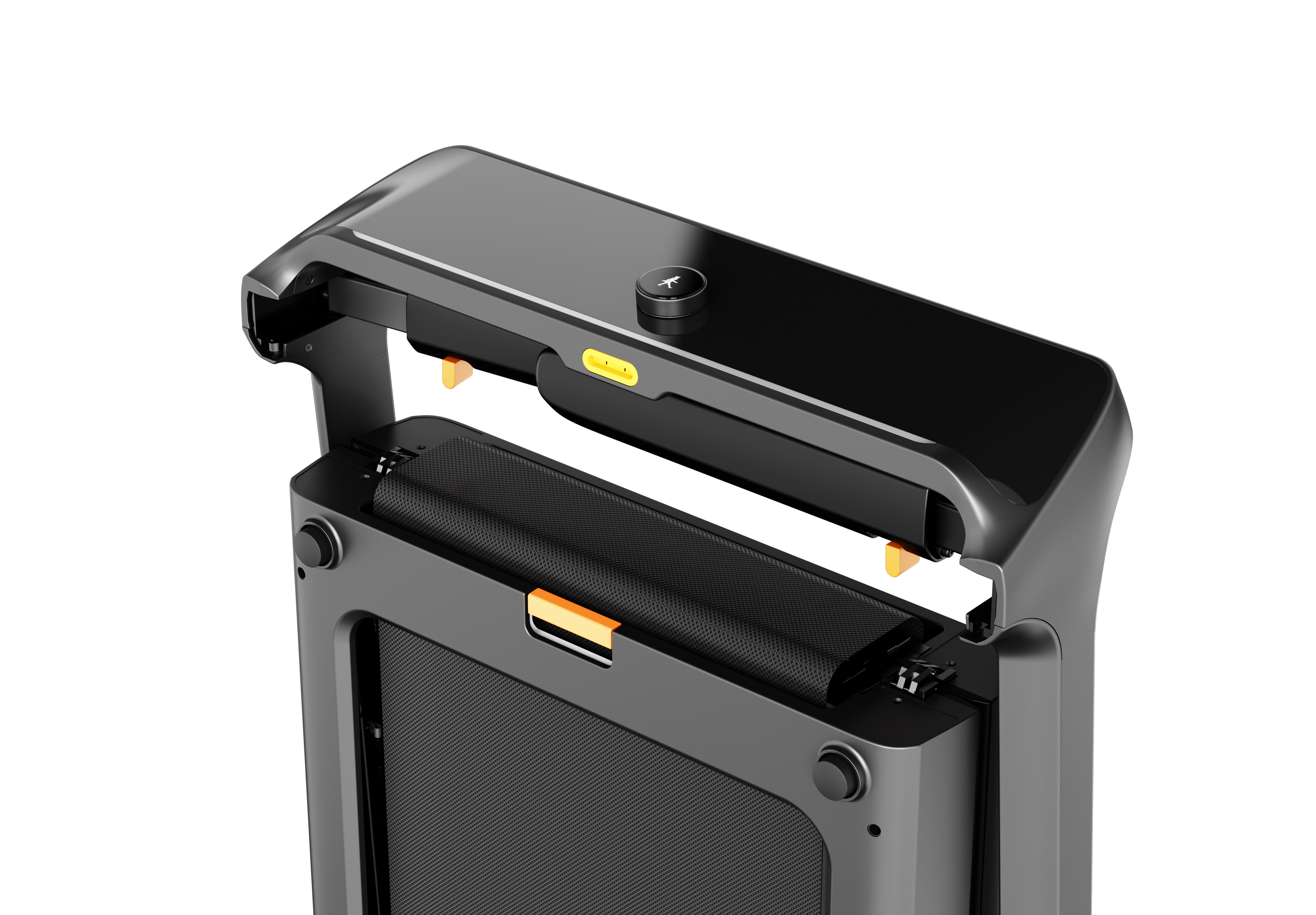 Black electronic treadmill with a hinge mechanism on a white background
