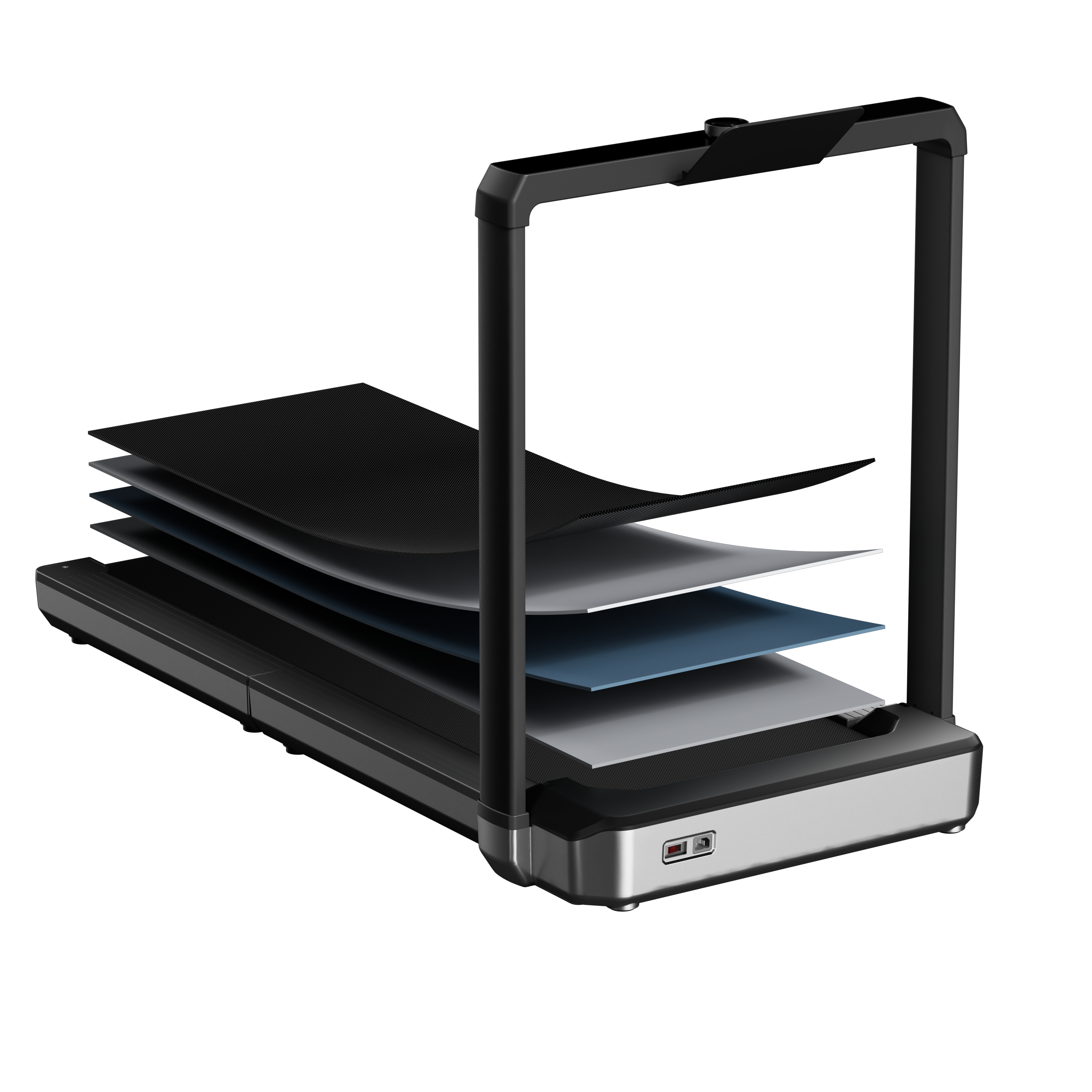 Black treadmill with multiple belt layers on a white background