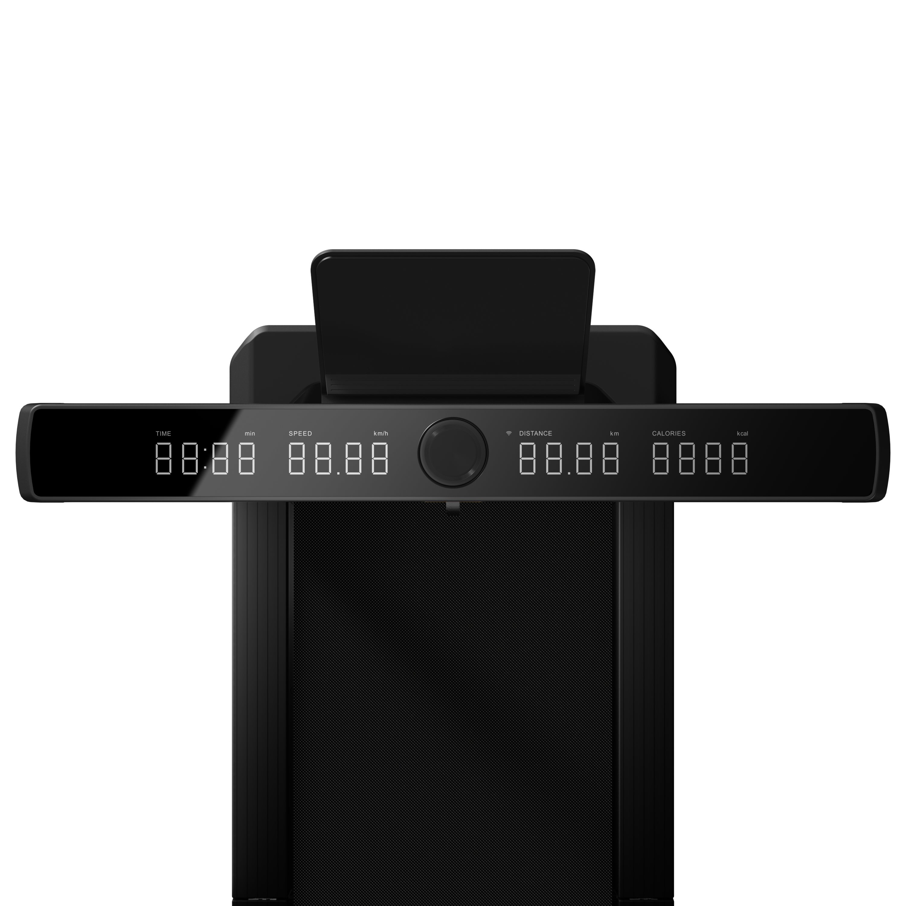 Black treadmill with digital display on a white background