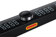 Digital dashboard on a treadmill with a black casing, digital display, and red button on a white background