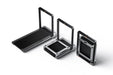Three black folding treadmills with metallic frames on a white background