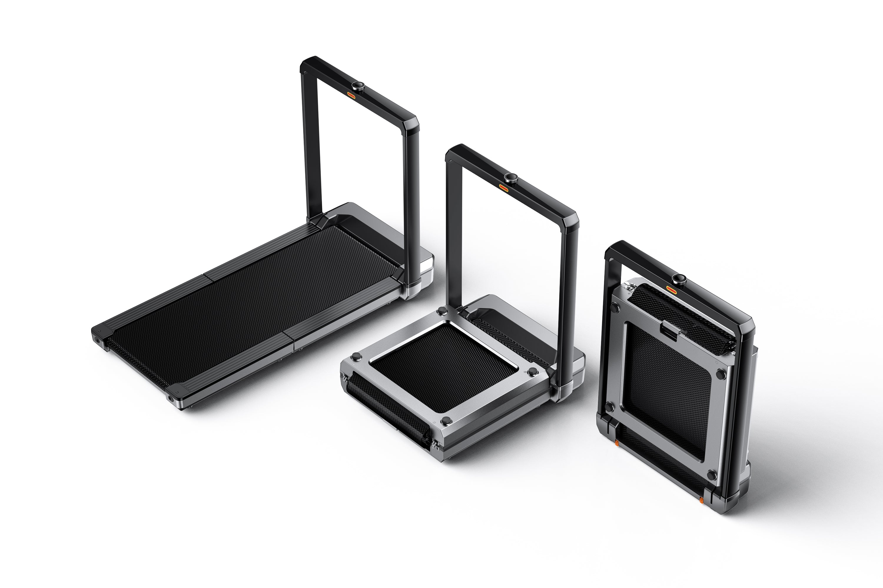 Three black folding treadmills with metallic frames on a white background