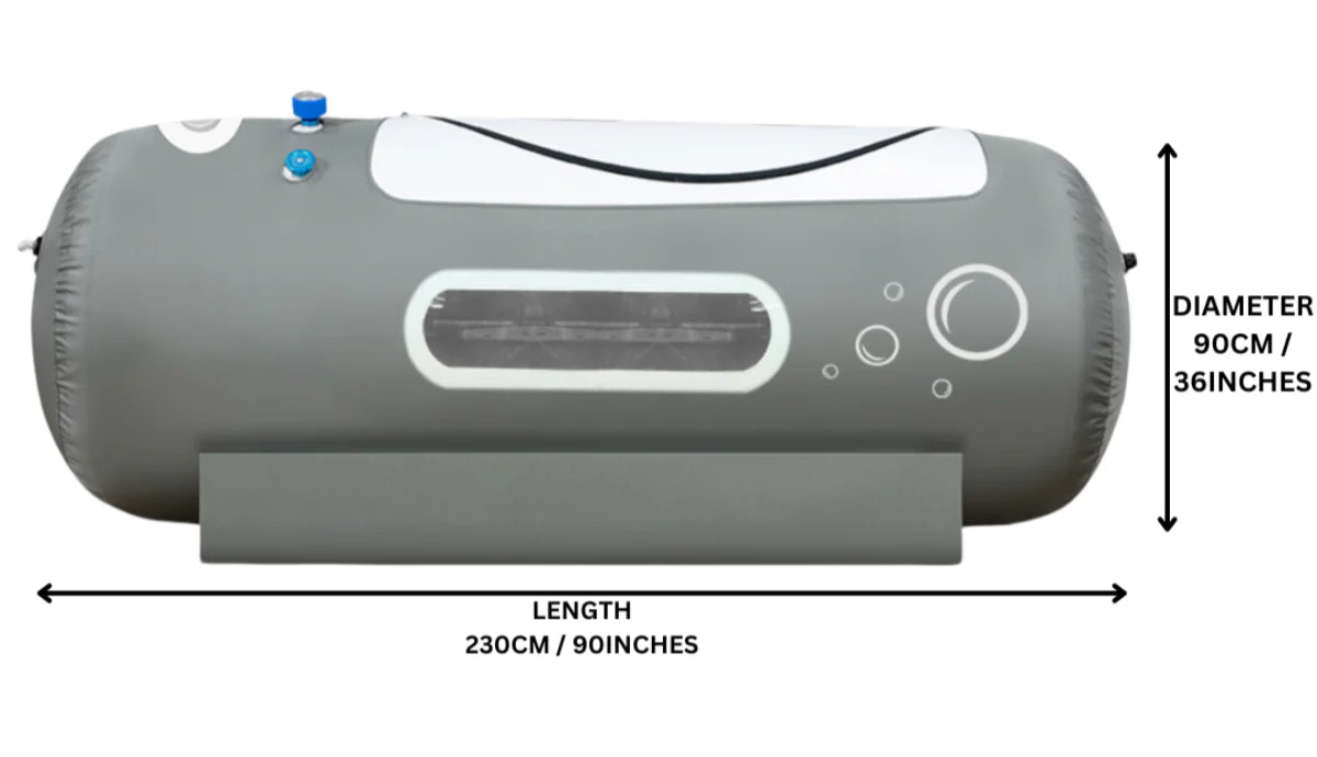 Dimensions of a Gray and white hyperbaric chamber on a white background