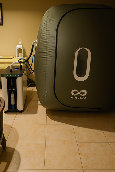 Sitting hyperbaric chamber in a tan room on a tiled floor with accessory unit attached