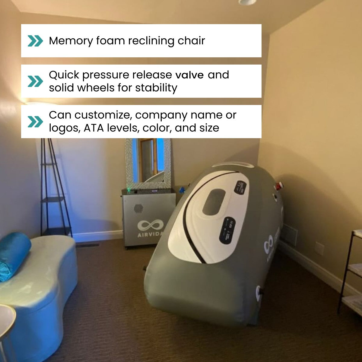 Hyperbaric chamber with 'AIRVIA' branding on a carpeted floor.