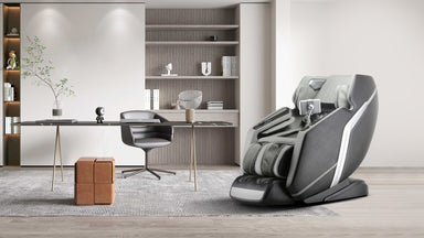 Modern massage chair in a stylish office setting with shelves and a desk.