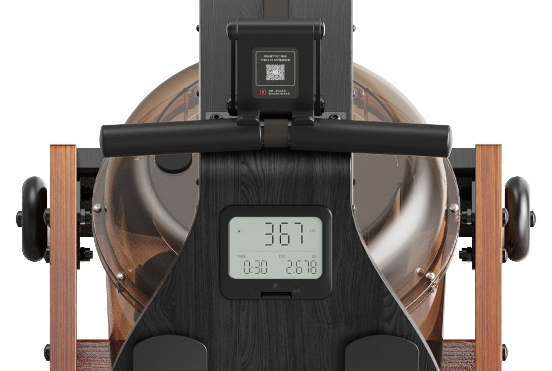Rowing machine with digital display on a white background